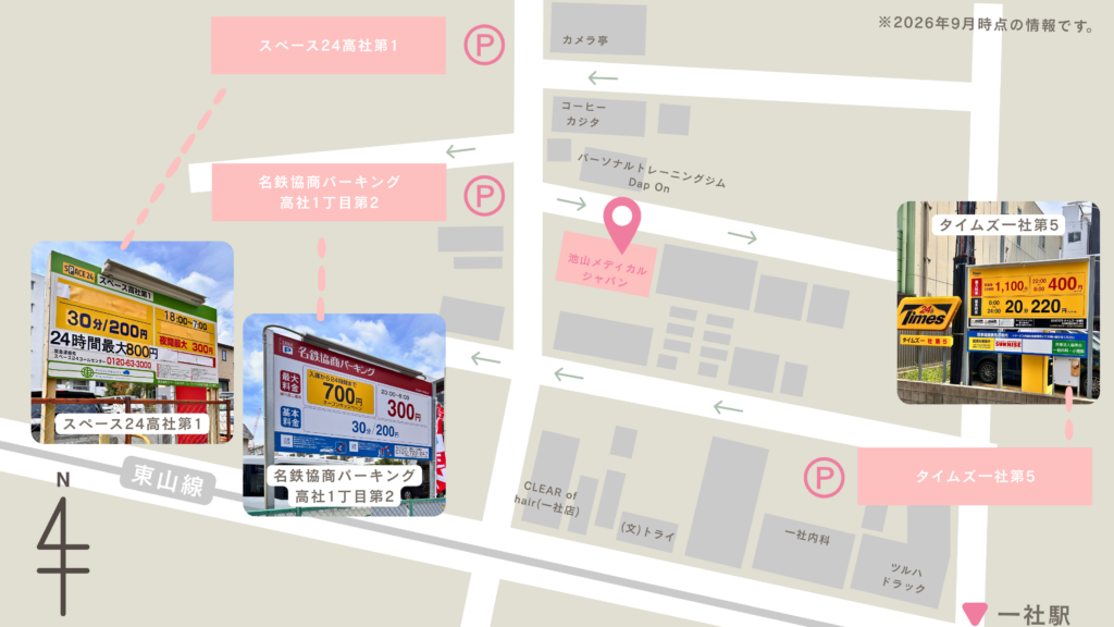 エルパティオへの行き方と、近くの駐車場3か所を示した略地図
