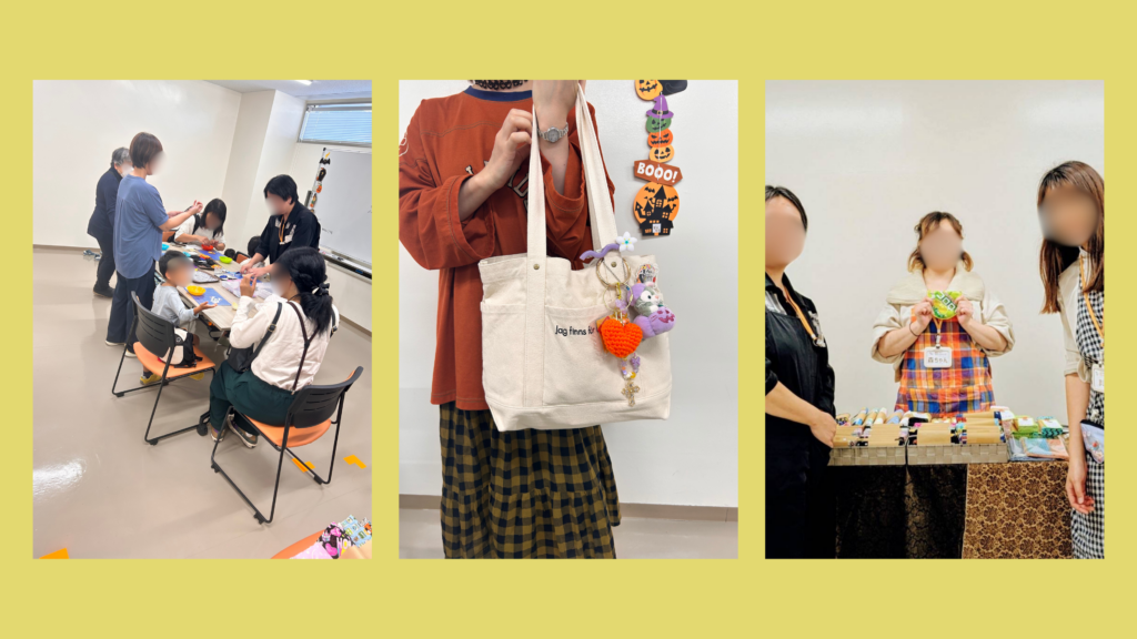ハンドメイドワークショップ当日の会場の様子。来場者が手づくり雑貨を手に取っている