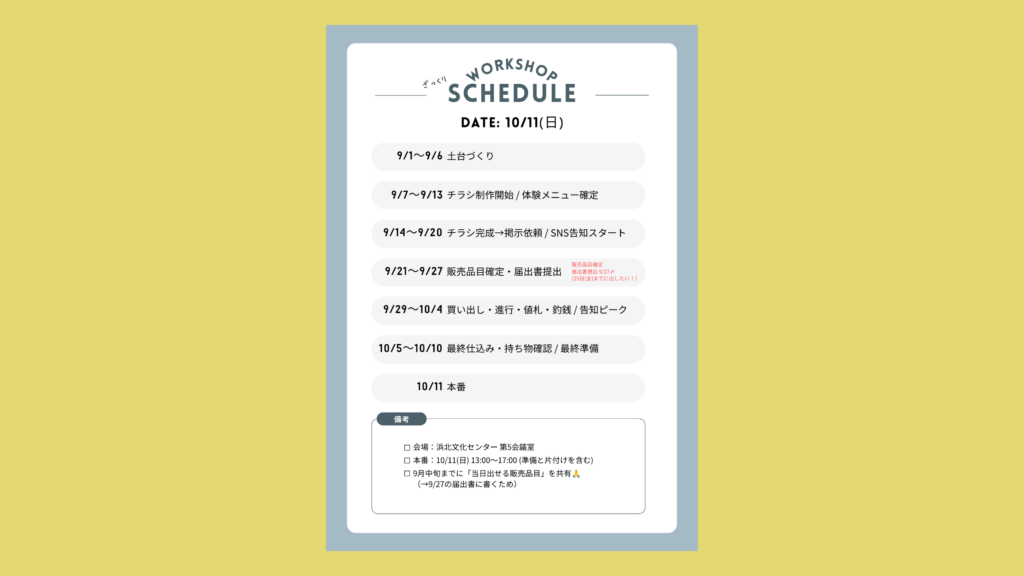 ワークショップ準備の全体スケジュール表（開催日10月11日）